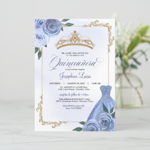 Blue Gold & White Floral Tiara Quinceañera Einladung