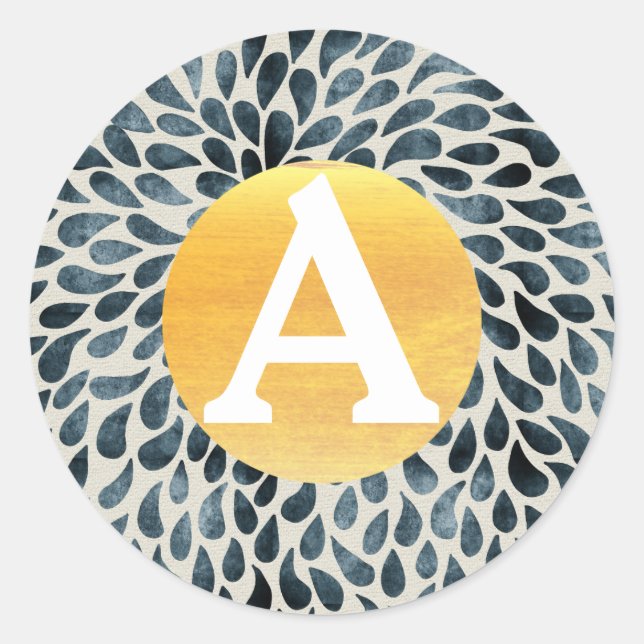 Blue Gold & White Personalisiert Monogram Runder Aufkleber (Vorderseite)