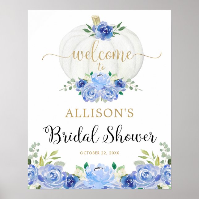 Blue gold white pumpkin bridal shower welcome sign poster (Vorne)