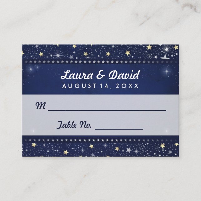 Blue Gold & White Stars Hochzeitskarten Platzkarte (Vorderseite)