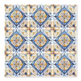 Blue Gold & White Talavera Azulejo Look Tile Tapete