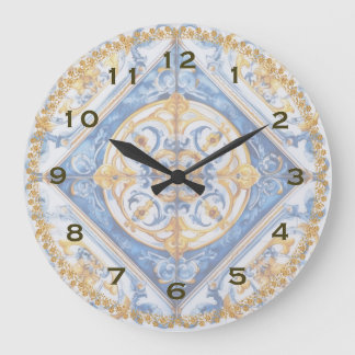 Blue Gold White Talavera Azulejo Look Wall Clock Große Wanduhr