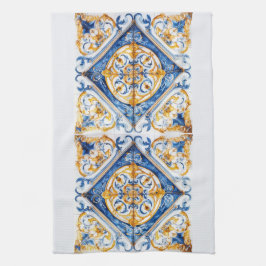 Blue Gold & White Talavera Azulejo Tile Look Geschirrtuch