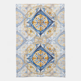 Blue Gold & White Talavera Azulejo Tile Look Geschirrtuch