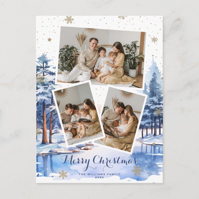 Blue Gold Winter Scenery Photo de Noël Cartes post (Devant)