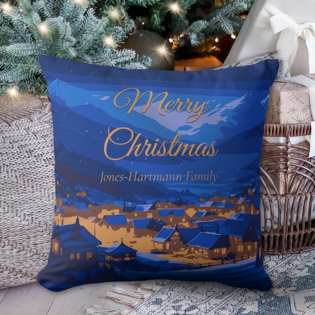 Blue Gold Winter Village Family Christmas  Kissen (Von Creator hochgeladen)