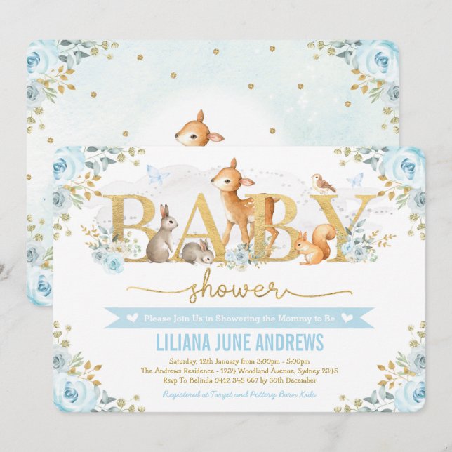 Blue Gold Woodland Boy Baby Shower Forest Animes Einladung (Vorne/Hinten)