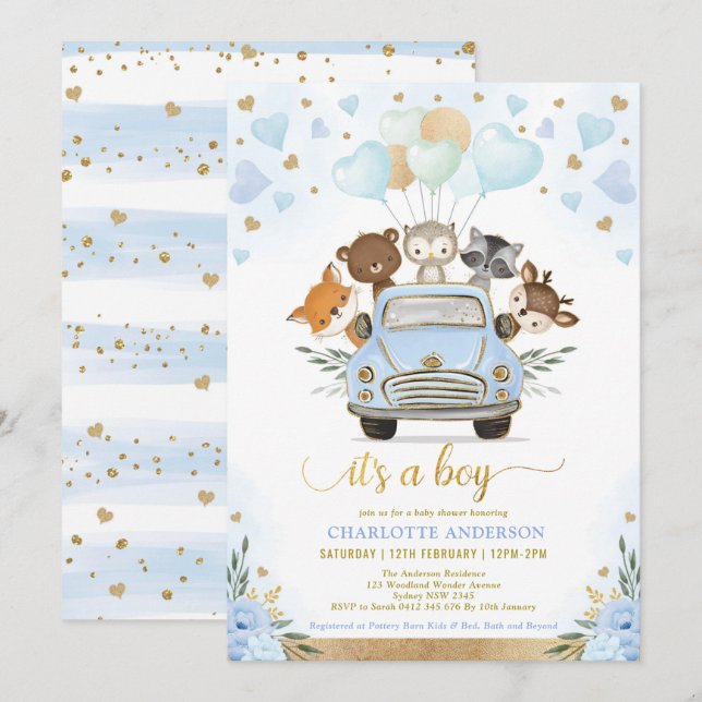 Blue Gold Woodland Sweetheart Baby Boy Dusche Einladung (Vorne/Hinten)