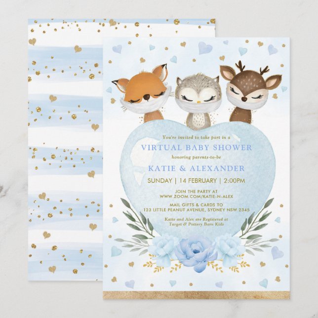 Blue Gold Woodland Sweetheart Virtual Baby Dusche Einladung (Vorne/Hinten)