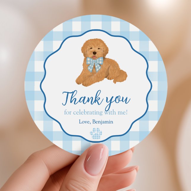 Blue Golden Doodle Puppy Pawty Birthday Favor Runder Aufkleber (Von Creator hochgeladen)