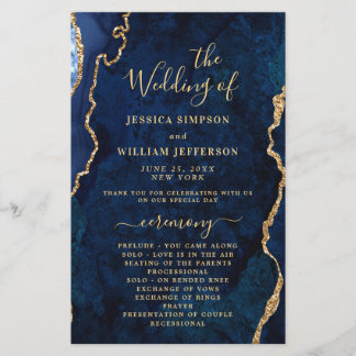 Blue Golden Marble Agate Hochzeitsprogramm