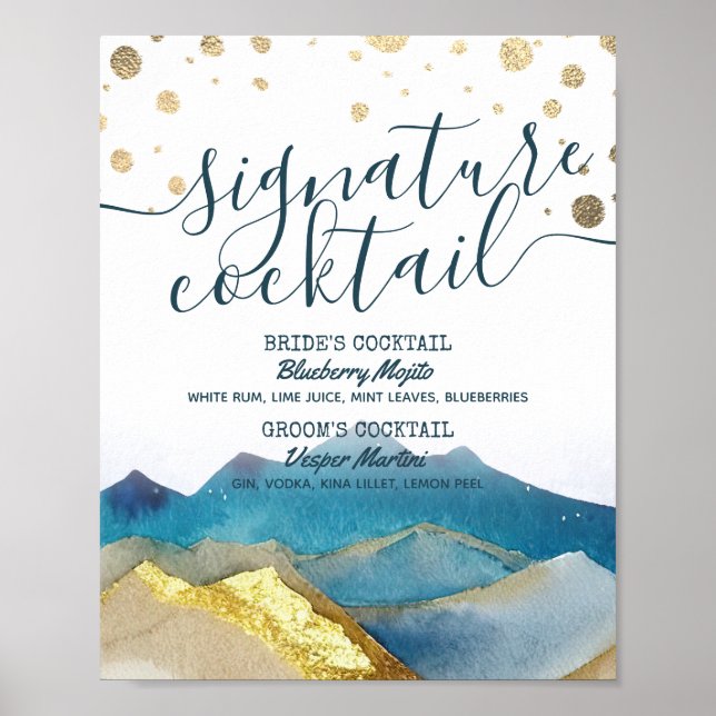 Blue Golden Mountains Wedding Signature Drink Menu Poster (Vorne)