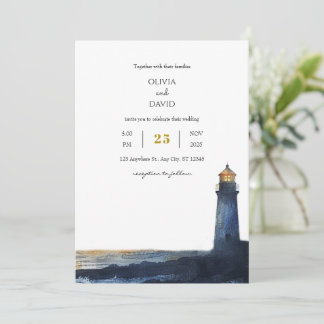Blue Golden Sunset Lighthouse Beach Hochzeit Einladung