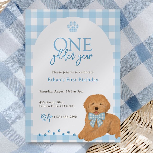 Blue Goldendoodle Dog One Golden Year Birthday Einladung (Von Creator hochgeladen)