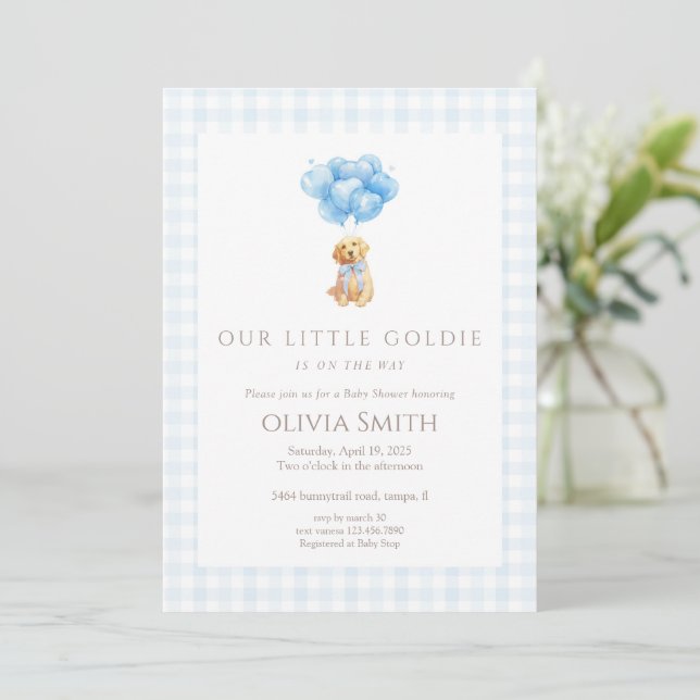 Blue Goldendoodle Puppy Baby Shower Einladung (Stehend Vorderseite)