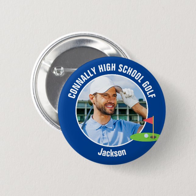 Blue Golfer Photo High School Golf Team Button (Vorne & Hinten)