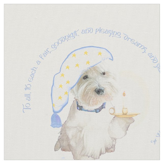 Blue Goodnight Westie mit Candle Stoff (Nahaufnahme)