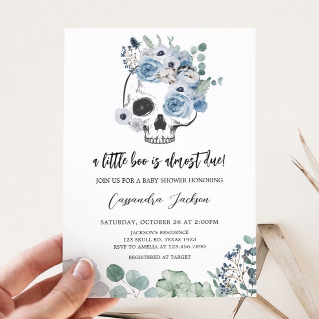 Blue Gothic Floral Skull Baby Shower Einladung (Floral Skull Baby Shower Invitation)