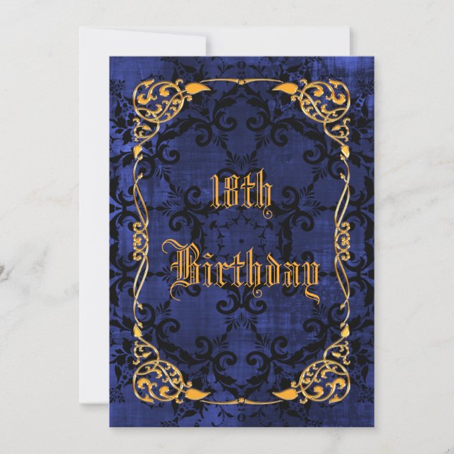 Blue Gothic & Gold Gerahmt 18. Geburtstag Einladung (Vorderseite)