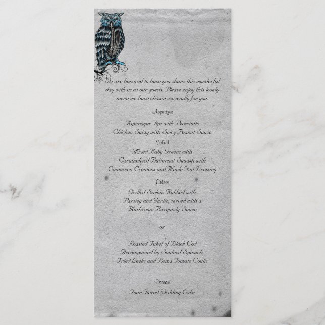 Blue Gothic Owl Posh Wedding Menu Menükarte (Vorderseite)