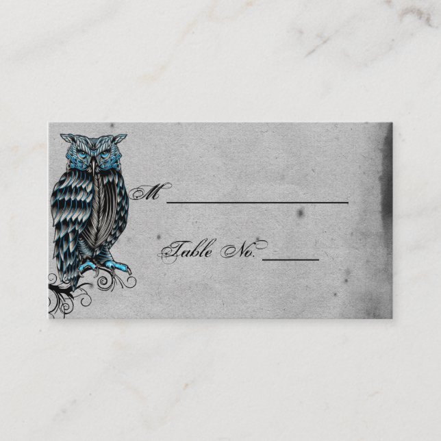Blue Gothic Owl Posh Wedding Platzkarten (Vorderseite)