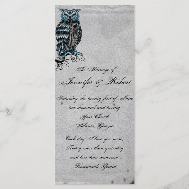Blue Gothic Owl Posh Wedding Programm (Vorderseite)