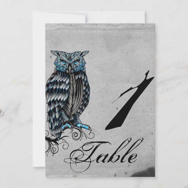 Blue Gothic Owl Posh Wedding Tischnummer (Vorderseite)