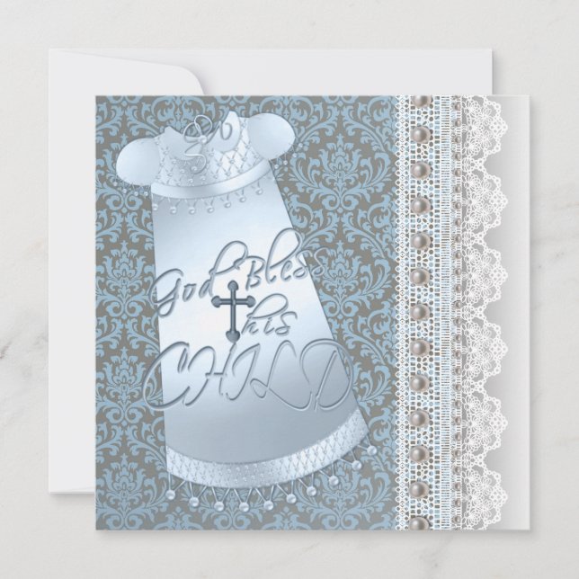 Blue Gown Brown Blue Damask Baby Boy Christening Einladung (Vorderseite)