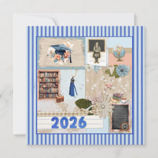 Blue Grad 2026, Girl, Cap, Tassel, Bookcase, Globe Feiertagskarte