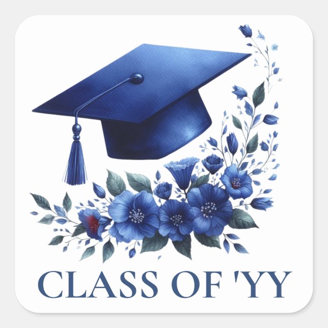 Blue Grad Cap und Blume Graduate Envelope Quadratischer Aufkleber (Vorderseite)