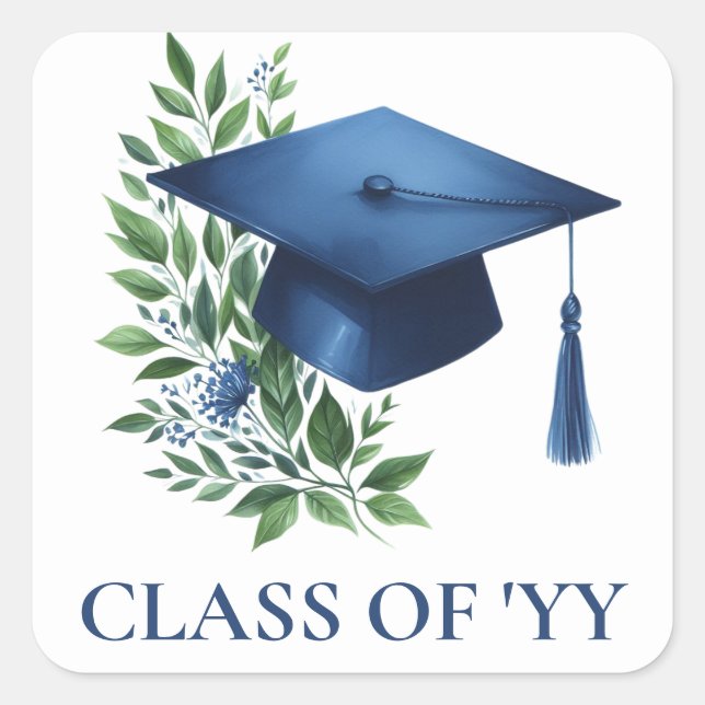 Blue Grad Cap und Green Foliage Graduate Envelope Quadratischer Aufkleber (Vorderseite)