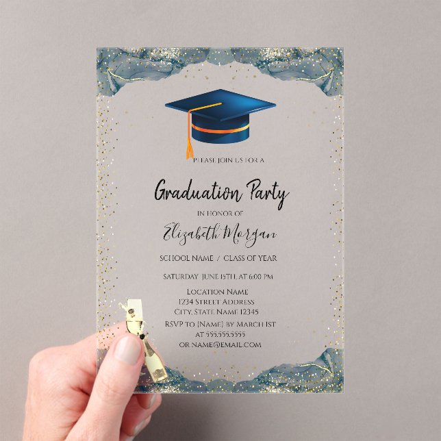 Blue Grad Cap, Wine Glass Confetti Abschluss Acryleinladungen (Insitu (Handheld))