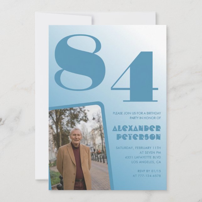 Blue Gradient Foto 84. Geburtstag Einladung (Vorderseite)