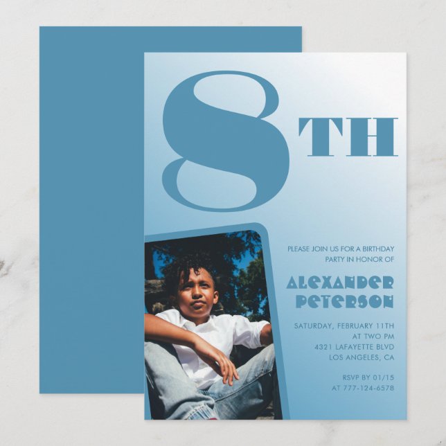 Blue Gradient Invitations de 8e anniversaire Photo (Devant / Derrière)