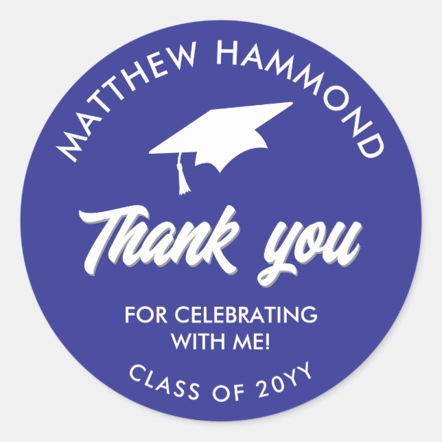 Blue Graduating Class Thank You Grad Cap Runder Aufkleber (Vorderseite)