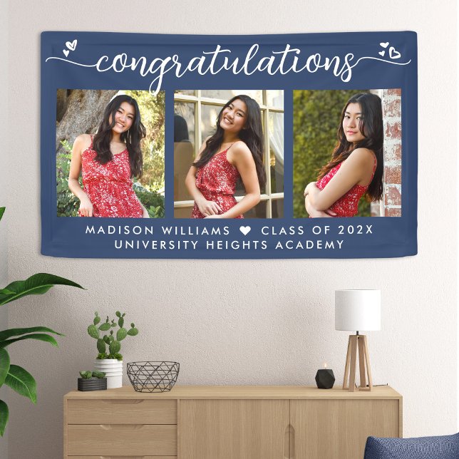 Blue Graduation 3 Photo Modern Calligraphy Hearts Banner (Von Creator hochgeladen)