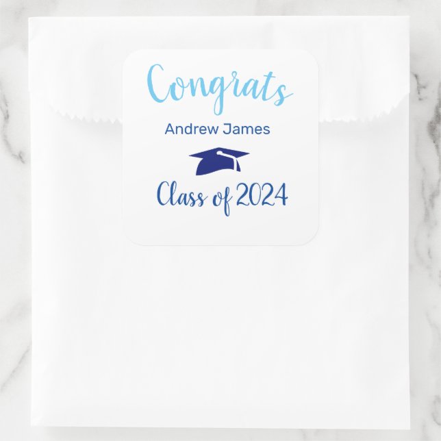 Blue Graduation Cap 2023 - Glückwunsch Quadratischer Aufkleber (Tasche)