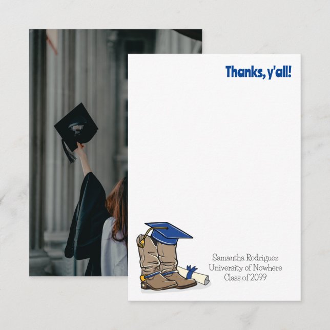 Blue Graduation Cap and Cowboy Boot Dankeskarte (Vorne/Hinten)