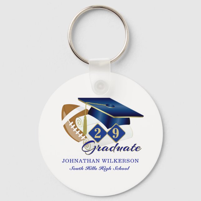 Blue Graduation Cap Football Personalisiert Schlüsselanhänger (Vorderseite)