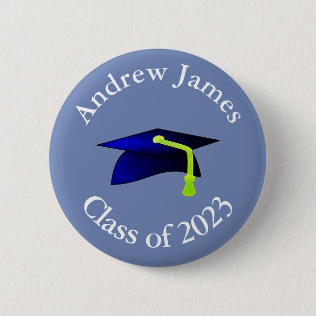 Blue Graduation Cap - Klasse von 2023 - Ihr Name Button (Vorderseite)