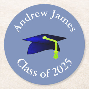 Blue Graduation Cap - Klasse von 2025 - Ihr Name Runder Pappuntersetzer