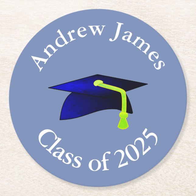 Blue Graduation Cap - Klasse von 2025 - Ihr Name Runder Pappuntersetzer (Vorderseite)