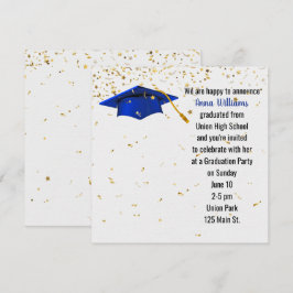 Blue Graduation Cap mit Gold Confetti Einladung