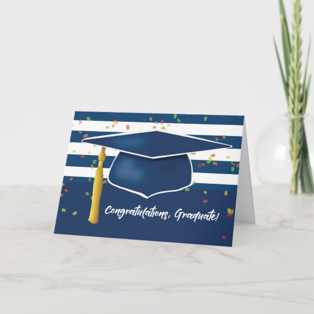 Blue Graduation Cap mit Streifen und Confetti Karte (Vorderseite)