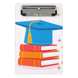 Blue Graduation Cap with Books Mini Klemmbrett