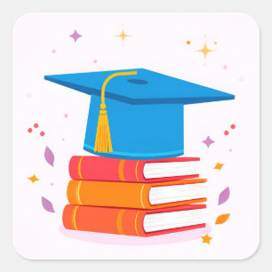 Blue Graduation Cap with Books Quadratischer Aufkleber