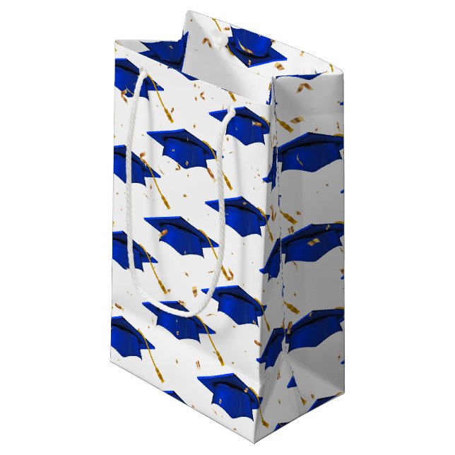 Blue Graduation Cap with Confetti Kleine Geschenktüte (Vorderseite Schrägansicht)
