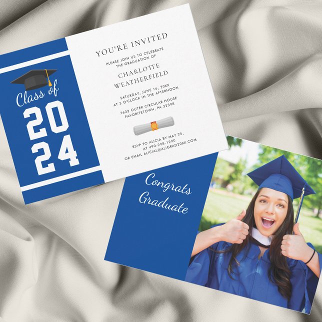 Blue Graduation Party 2024 Foto Einladung (Grad Photo Royal Blue Graduation Party Invitation)