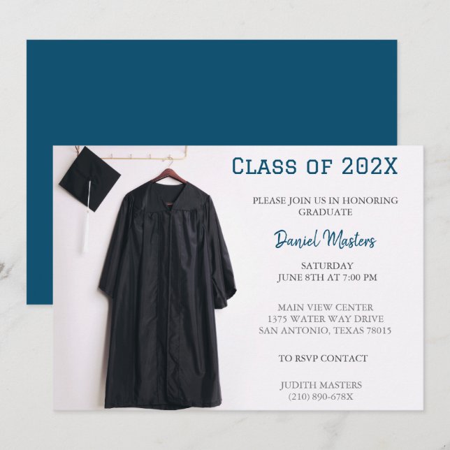 Blue Graduation Party Cap and Gown Einladung (Vorne/Hinten)