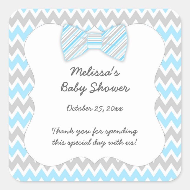 Blue Grau Zickzack Bogen Krawatte Baby Dusche Gefa Quadratischer Aufkleber (Vorderseite)